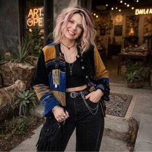 Vintage 80s/90s Chenille Patchwork Art-to-Wear Jacket Boho Tapestry Festival M